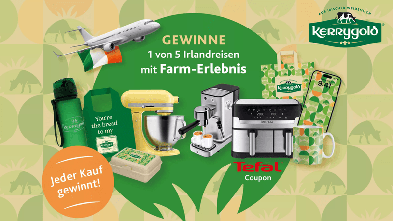 Kerry Gold Gewinnspiel: Irlandreise, KitchenAid, Heißluftfriteuse, Kaffemaschine oder Merch gewinnen.